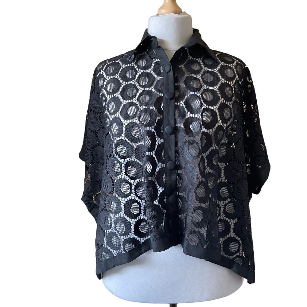 Andrea Jovine Black Lace Jacket With Linen Collar and Trim Size M